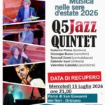 Q5 Jazz Quintet al Parco di San Giovanni dei Fiori: il 15 luglio il recupero del secondo appuntamento di “Musica nelle sere d’estate” 2026